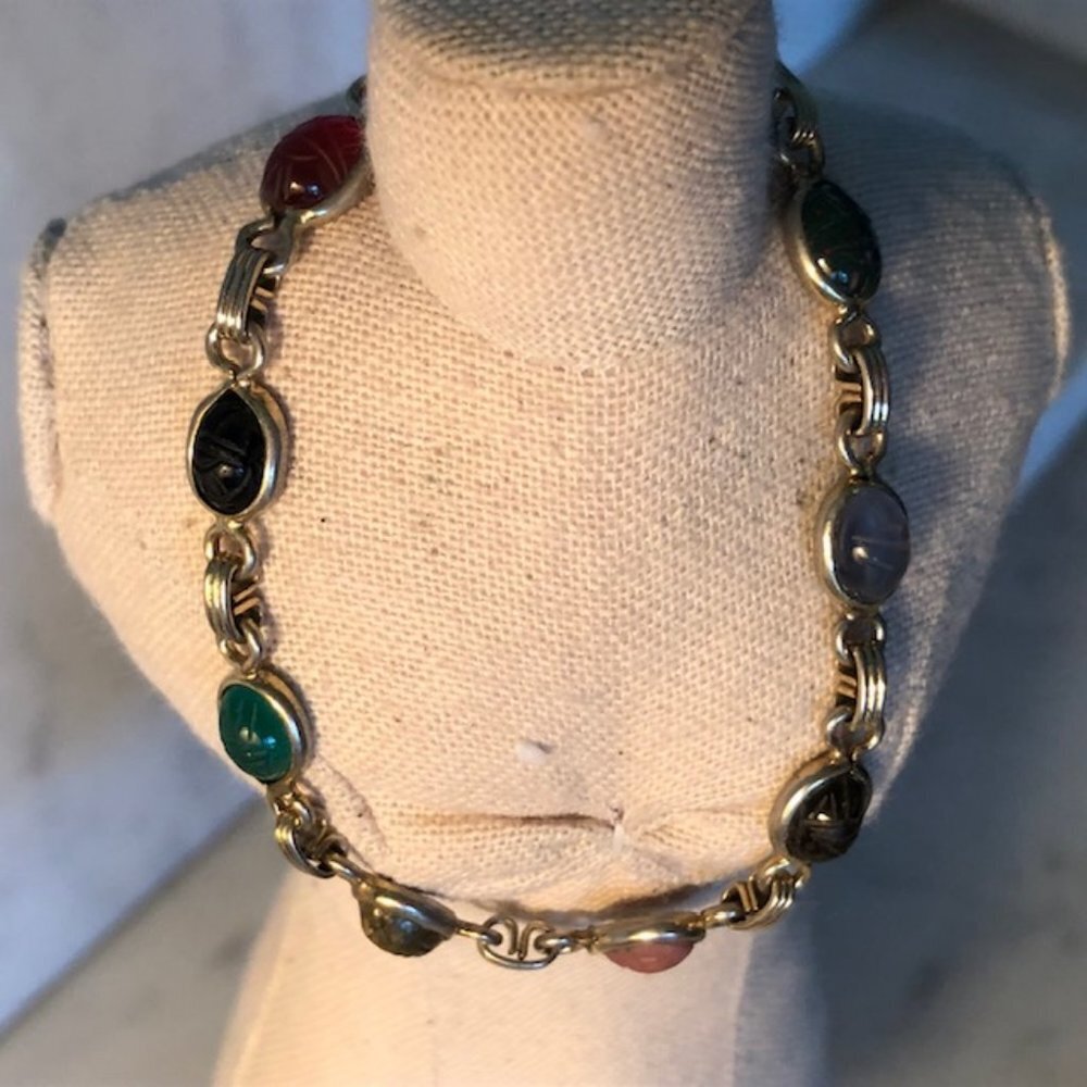 VINTAGE Scarab Bettle Multicolor Cabochon Gemstone Gold Filled Scarab Bracelet